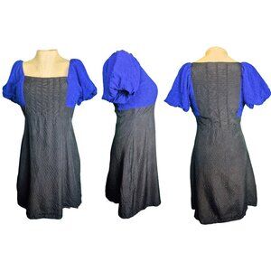 Moulinette Soeurs by Anthropologie Blue Black Puff Sleeve Bolero Silk Dress Sz 6